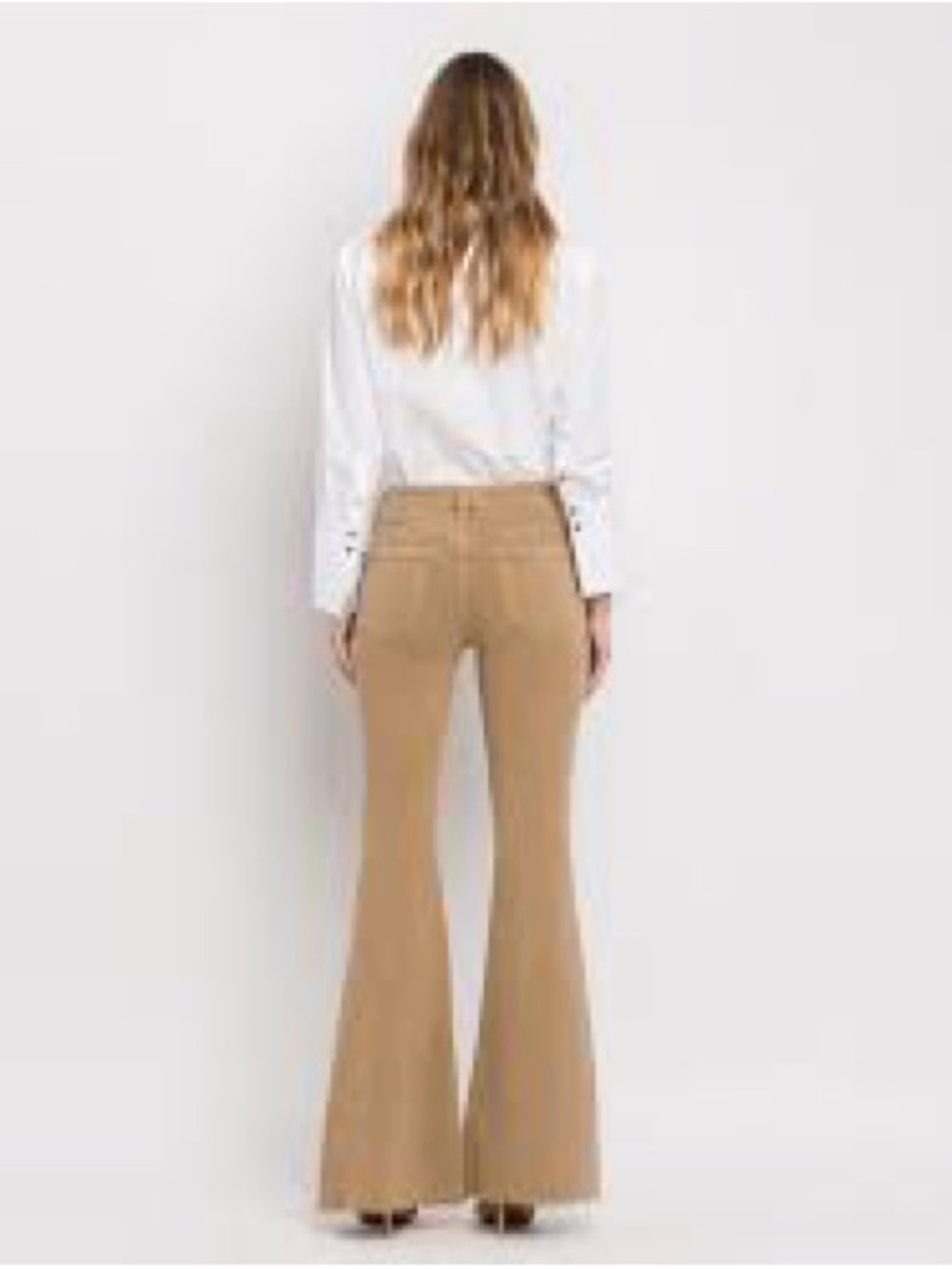 VINT High-Rise Flare Jeans in Washed Tan with Knee Distress - Picture 3 of 4
